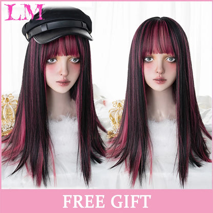 LM Long Silky Straight Synthetic Wigs with Bangs Black Cosplay Party Lolita Hair Wigs for Women Natural Heat Resistant Wig LIANGMO 6
