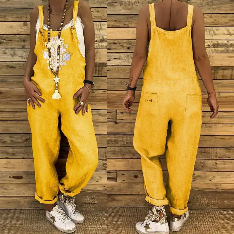 Linen Overalls Jumpsuit Women Casual Print Sleeveless Summer Loose Female Suspenders Straight Leg Fashion New Streetwear