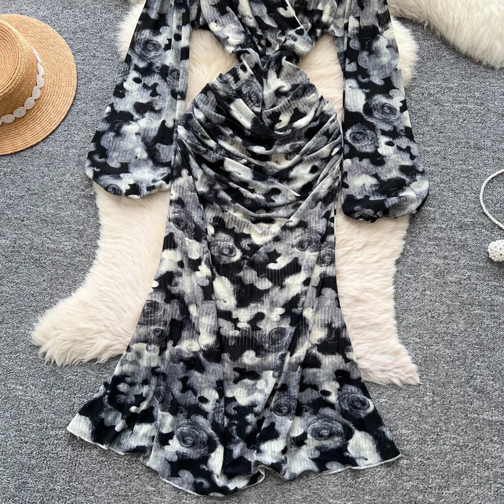 Chic vintage long sleeve Criss-Cross print pleated Elegant Fairy korean fashion dress women clothing Long dress