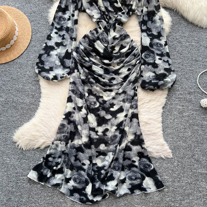 Chic vintage long sleeve Criss-Cross print pleated Elegant Fairy korean fashion dress women clothing Long dress