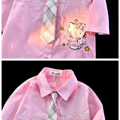 Hello Kitty Cute Short Sleeve Polo Shirts Women Sanrio Designer College Style Summer Blouse Korean Clothes Y2k New Fashion Tops