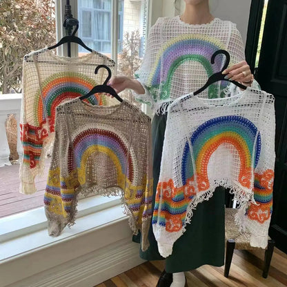 Embroidery Rainbow Crochet Top Sheer Openwork Pullover Batwing Sleeve Cover Up for Women Spring Summer Fairycore Outfit Badiee Stylez