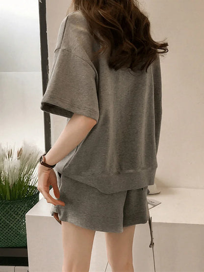 Red Two piece Cotton Women's Sportswear Set 2025 Summer New Round neck Short sleeved Top+Shorts Women Loose Casual Clothing