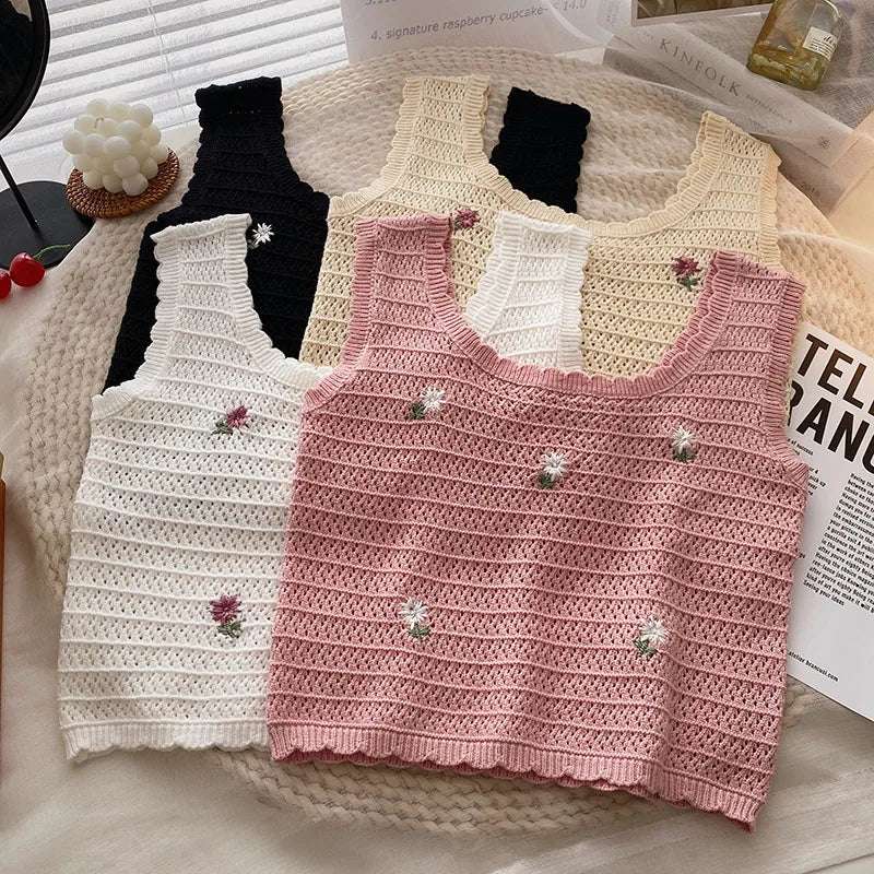 Women Summer Flower Embroidered Knit Tank Tops O-Neck Sleeveless Sweet Camisole Crochet Outer Wear Vintage Loose Inner Crop Tops