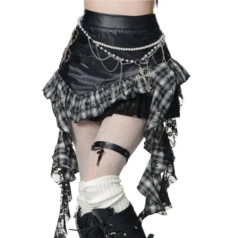 Retro Harajuku Gothic Style Leather Splicing Short Skirt for Women Y2K Lace Hem Mini Pleated Skirt Autumn Street Cool Girl 1