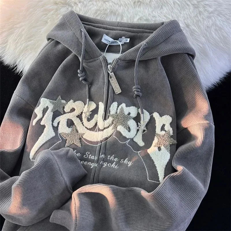 Plus Size XL-3XL Corduroy Embroidery Loose Hoodies Women Sprring Autumn Long Sleeve Zipper Hood Shirt Harajuku Y2K Sweatshirt grey