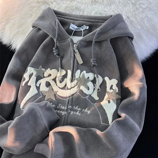 Plus Size XL-3XL Corduroy Embroidery Loose Hoodies Women Sprring Autumn Long Sleeve Zipper Hood Shirt Harajuku Y2K Sweatshirt grey