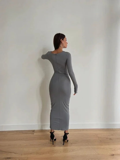 Sexy Bodycon Long Sleeve Midi Dress Women 2024 Autumn Slim Solid Party Package Hip Elegant Dresses For Women Robe Femme