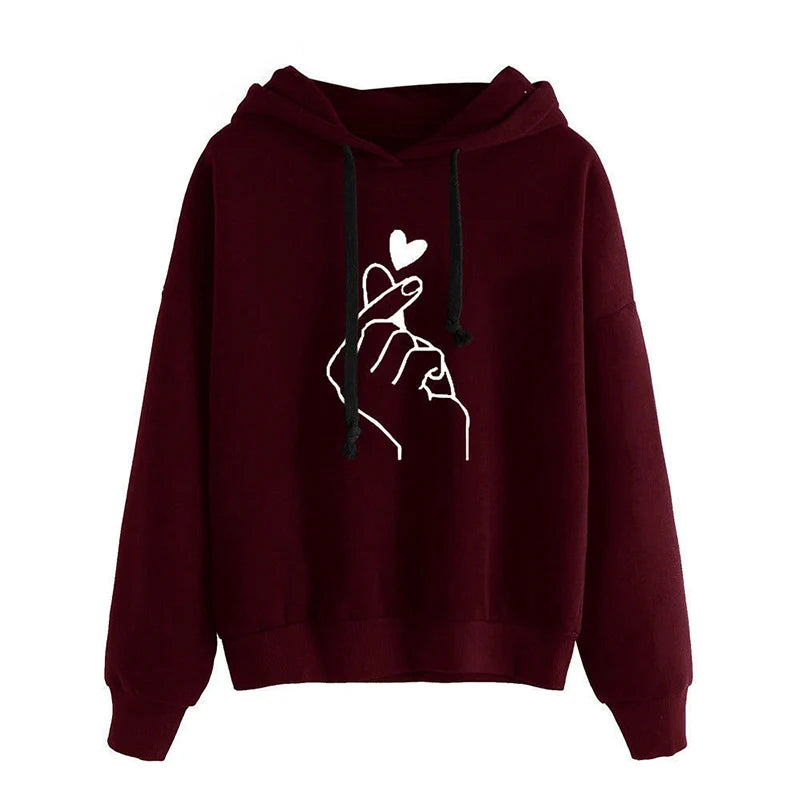 Autumn Fleece Hoodie Solid Color Finger Heart Hooded Korean Fashion Sweatshirts Long Sleeve Top Drawstring Pockets Loose Hoodies Wine Red