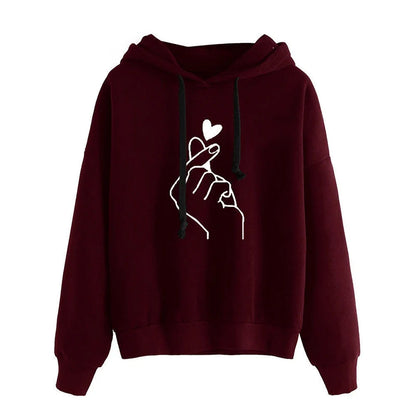 Autumn Fleece Hoodie Solid Color Finger Heart Hooded Korean Fashion Sweatshirts Long Sleeve Top Drawstring Pockets Loose Hoodies Wine Red