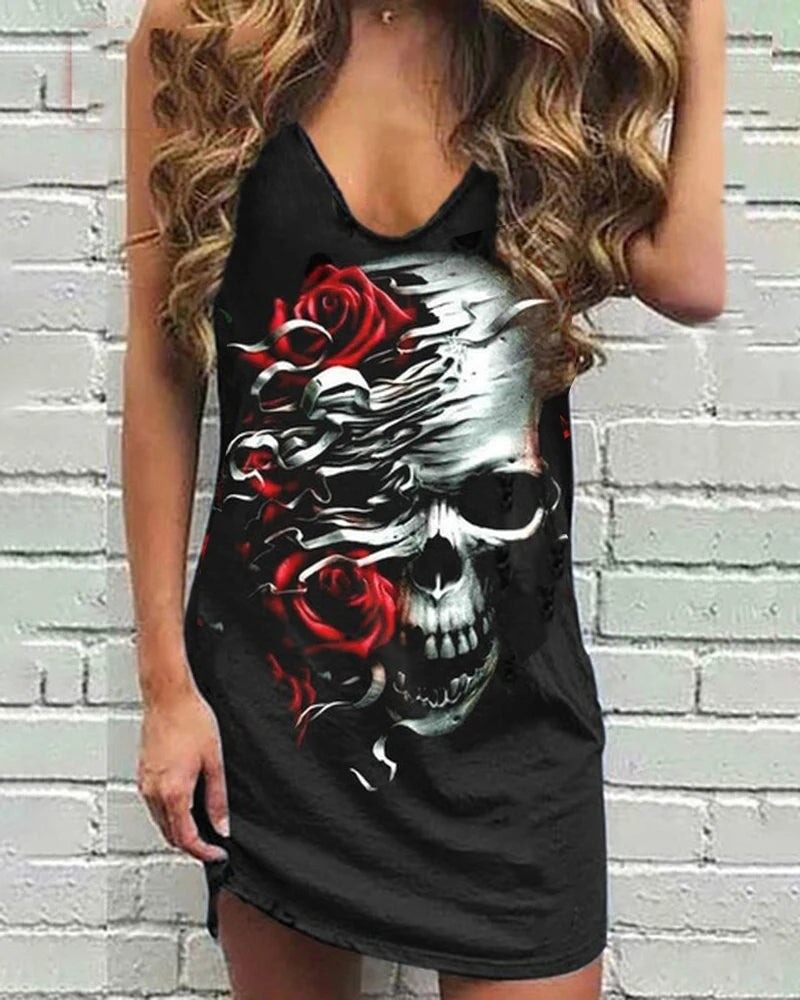 Skull Scarf Sunglasses Print Women Sleeveless Summer Vest dress Solid Color Dress Streetwear O-Neck Casual black