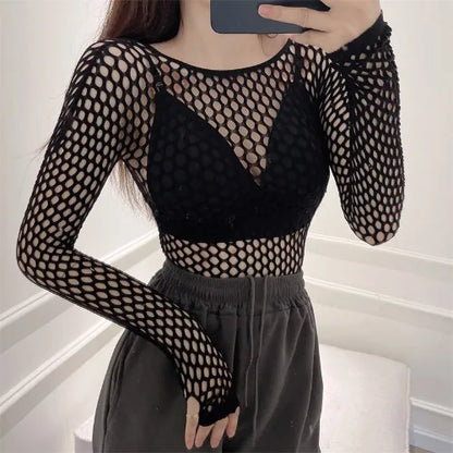 Sexy T-shirt for Women Goth Black Skinny Mesh See Through Long Sleeve Tees Pullover Crop Top Gothic Turtleneck Streetwear Low Collar 40-60(kg) CHINA