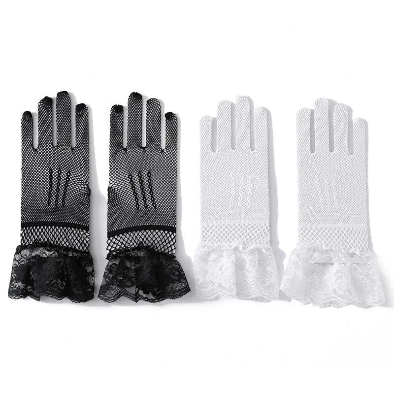 Girls Lolita Lace Hollow Out Gloves Women Ceremony Etiquette Mesh Thin Mittens Gothic Punk Sexy Glove Black White Soft Elastic