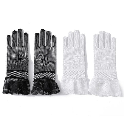Girls Lolita Lace Hollow Out Gloves Women Ceremony Etiquette Mesh Thin Mittens Gothic Punk Sexy Glove Black White Soft Elastic