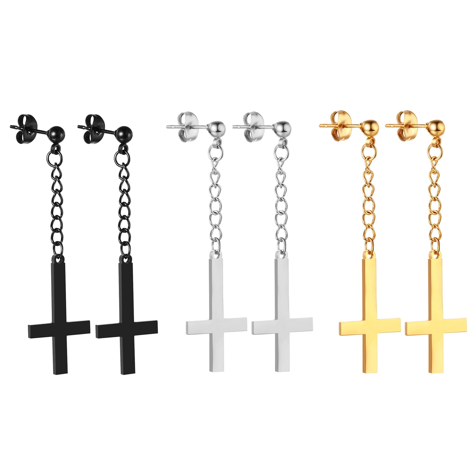 BONISKISS Men Women Stainless Steel Inverted Upside Down Cross Earring Church of Satan Temple Occult Satanic Witchy Stud Jewelry