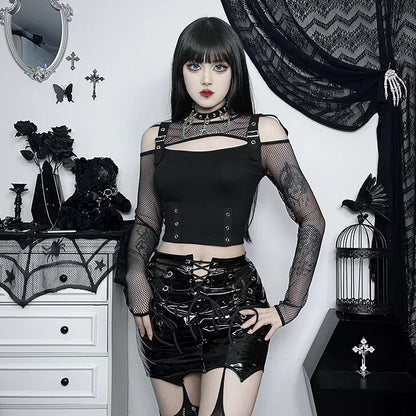 Goth Dark Mall Gothic Fishnet Patchwork T-shirts Grunge Punk Hollow Out Buckle Crop Tops Techwear Fashion Female Alt Streetwear