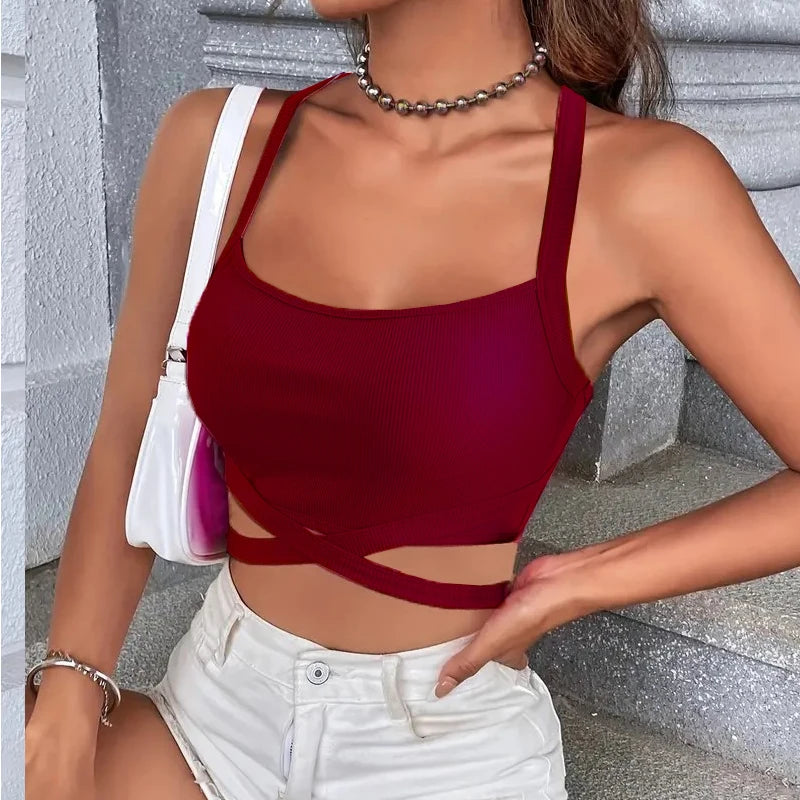 Y2k Women Summer Tank Tops Sexy Solid Color Backless Cross Bandage Crop Tops High Street Wear 2024 Fashion Wine Red Camis Corset