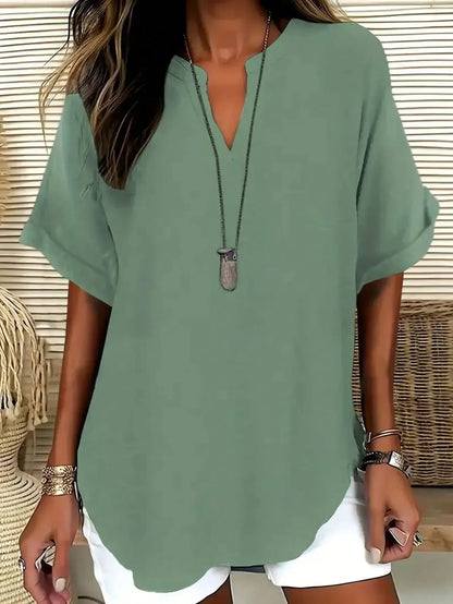 Plus Size 1XL-5XL Women's Fashion Solid Color Notched Top Ladies Casual Short Sleeve Summer V-Neck Blouse Shirt Tops Green