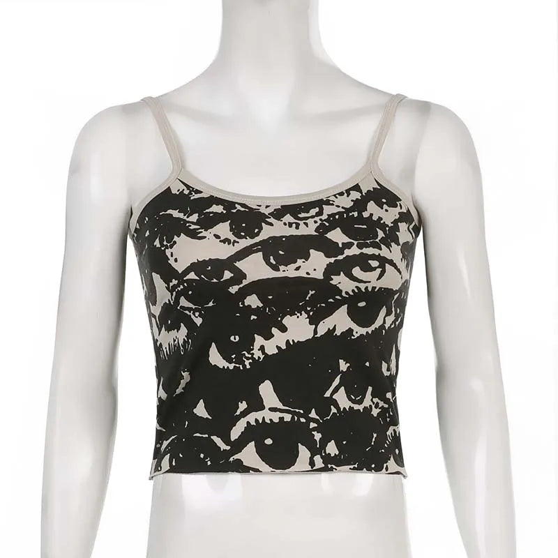 Gothic Portrait Print T-shirt Aesthetic Y2K Crop Tops Short Sleevle Vest Tees Harajuku Streetwear White Suspenders Women Clothes