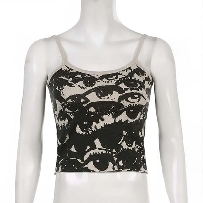 Gothic Portrait Print T-shirt Aesthetic Y2K Crop Tops Short Sleevle Vest Tees Harajuku Streetwear White Suspenders Women Clothes