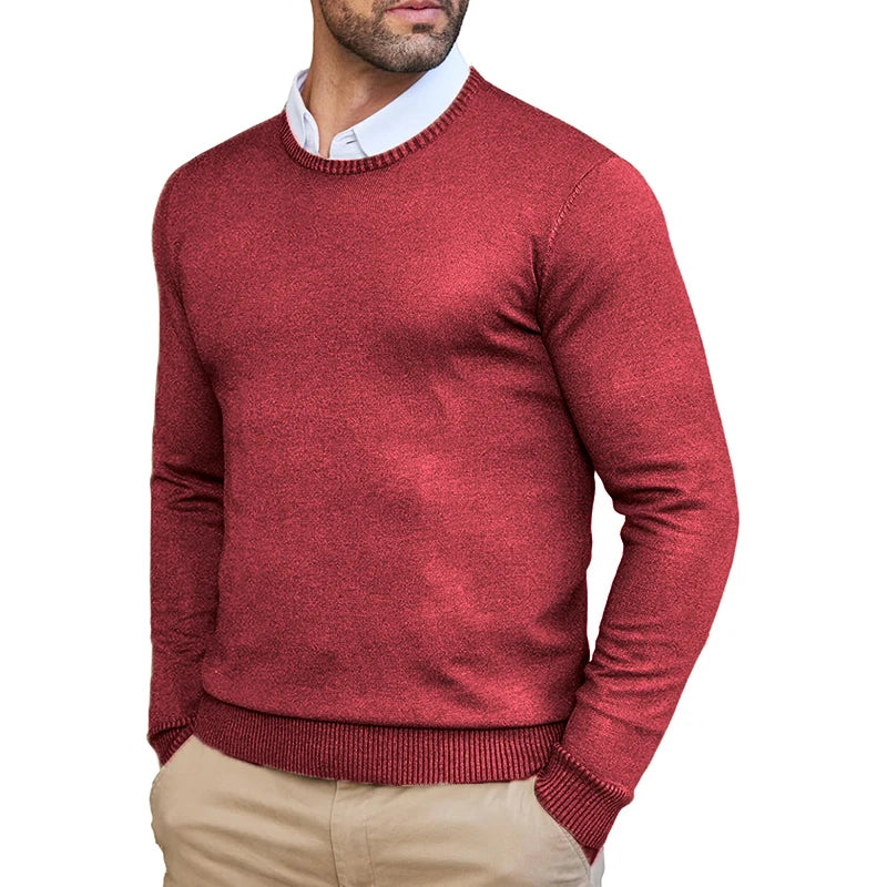 Autumn Men's Dress Crew Neck Sweater Slim Fit Lightweight Sweatshirts Knitted Pullover Casual Fashion Long Sleeve Sweater Red