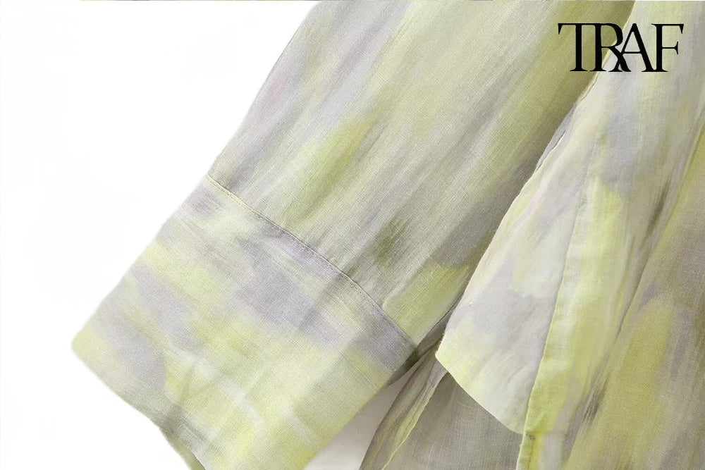 TRAF Women's single-breasted V-neck long-sleeved shirt Drawstring high-waisted wide-legged trousers Retro Printed Cotton Set