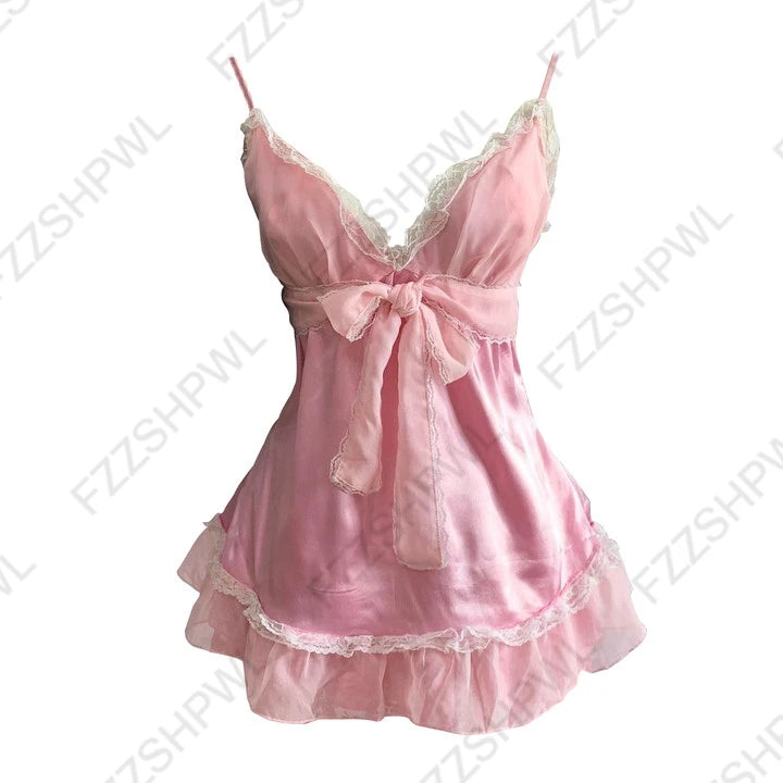 Harajuku Women Casual Chic Dress Sexy Slim Fit Chic Solid Color Bowknot Design Suspender Mini Dresses Y2K Gothic Rock Streetwear Fen