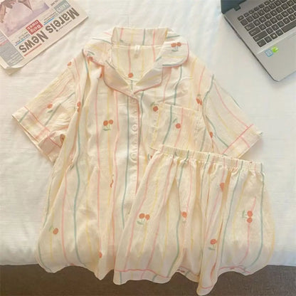 Cute Girl's Summer Cotton Linen ort Sve Nightgown Home Clothes Set Bear Print Gauze Spwear Simple Home Sle Cloud cotton short-striped cherry