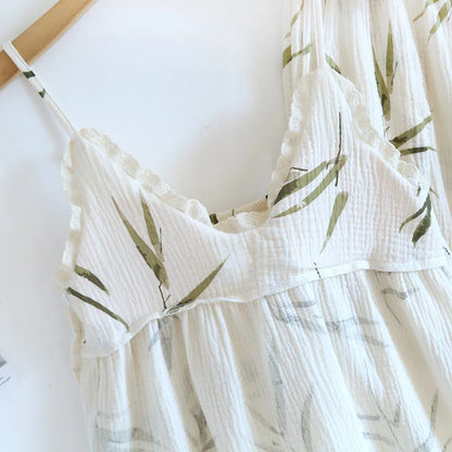 2025 Summer New Women's Two Piece Set of 100% Pure Cotton Crepe Cloth with Chest Cushion Sleepwear Sweet and Cute Home Fury