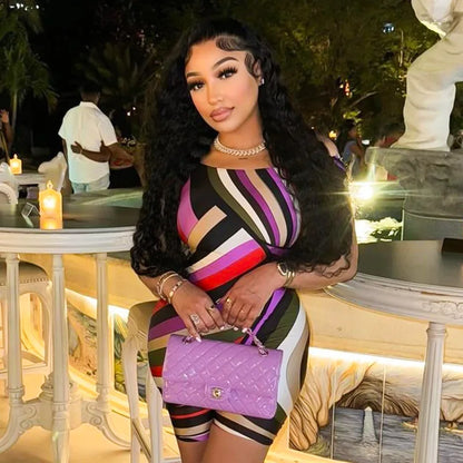 ANJAMANOR Multicolor Printed Off Shoulder Short Jumpsuits for Women 2024 Sexy Club Outfit Ladies Rompers Summer Clothes D85-BZ14