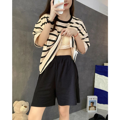Women's Summer Spwear ort Sve Thin Striped Home Clothes Two-Piece Set with Chest Pad Milk Silk round Ne Pullover N stripe chest pad double short black