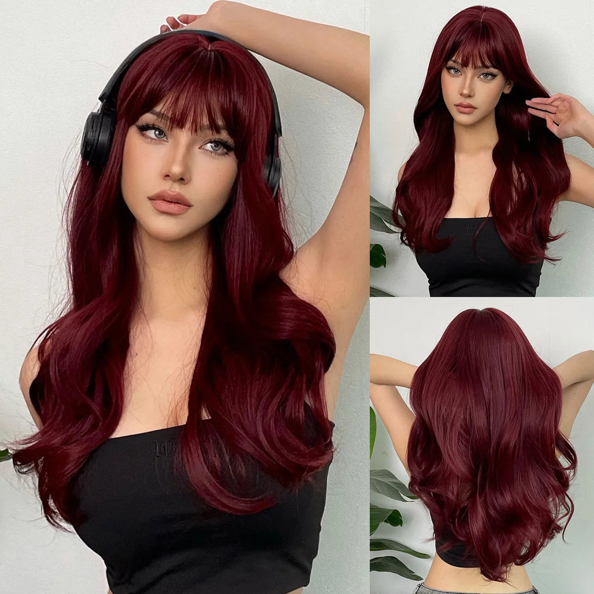 New fashion orange synthetic wig with fringe long curly hair festival daily wig high temperature silk full head cover 2502-131-wine red
