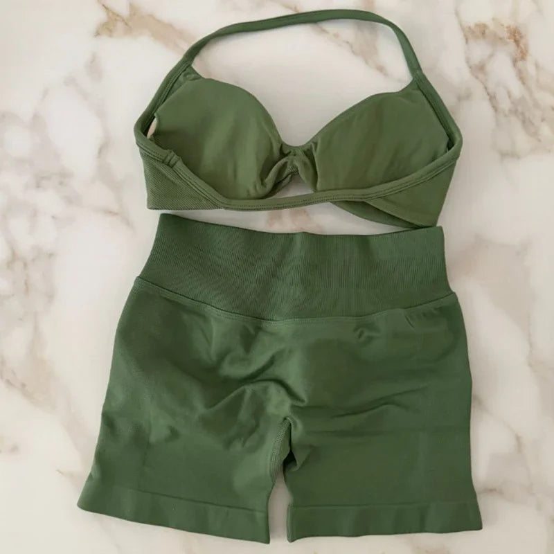 Impact Gym Set Women Two Piece Strappy Yoga Bra Top Workout Scrunch Shorts Suit Fitness Clothes Seamless Sportswear Workout Set Olive green
