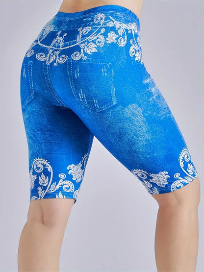 3 Piece Set Of Lmitation Denim Leggings For Women Butterfly Waist Fruit Flower Elastic Shorts High Waist Casual