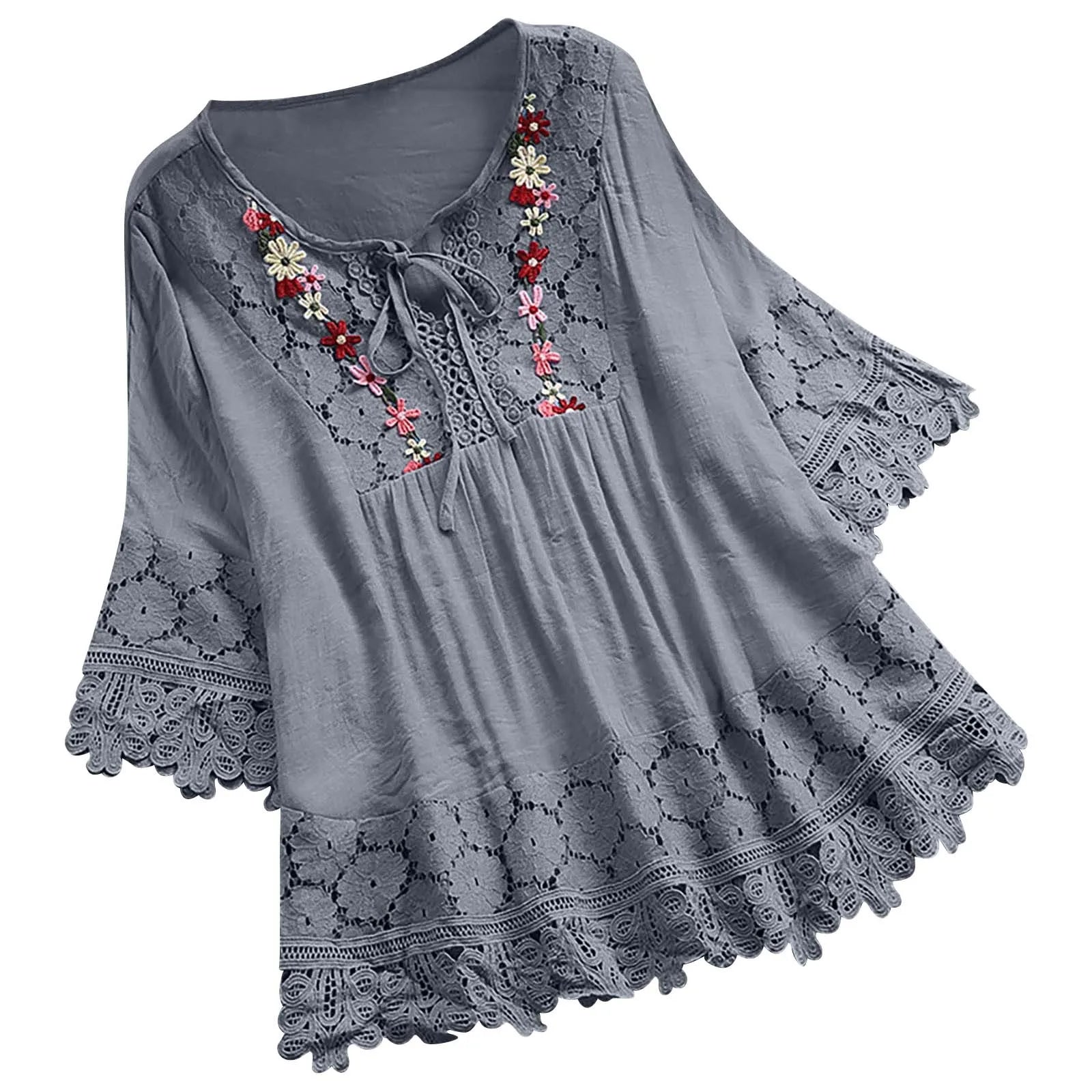 Summer Women Casual Solid Tops Shirt Cotton And Linen Stitching Lace Flower V-neck Loose Top Blouse New Elegant Holiday Shirts
