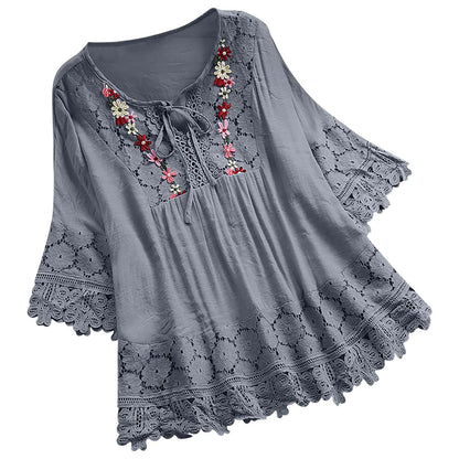 Summer Women Casual Solid Tops Shirt Cotton And Linen Stitching Lace Flower V-neck Loose Top Blouse New Elegant Holiday Shirts