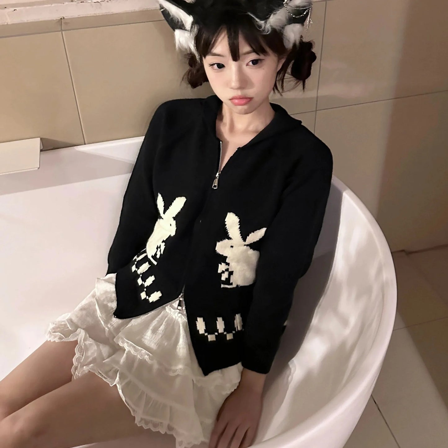 Karrram Japanese Y2k Knit Cardigans Vintage Rabbit Embroidery Zipper Knitwear Harajuku 2000s Korean Knitted Coat Preppy Style