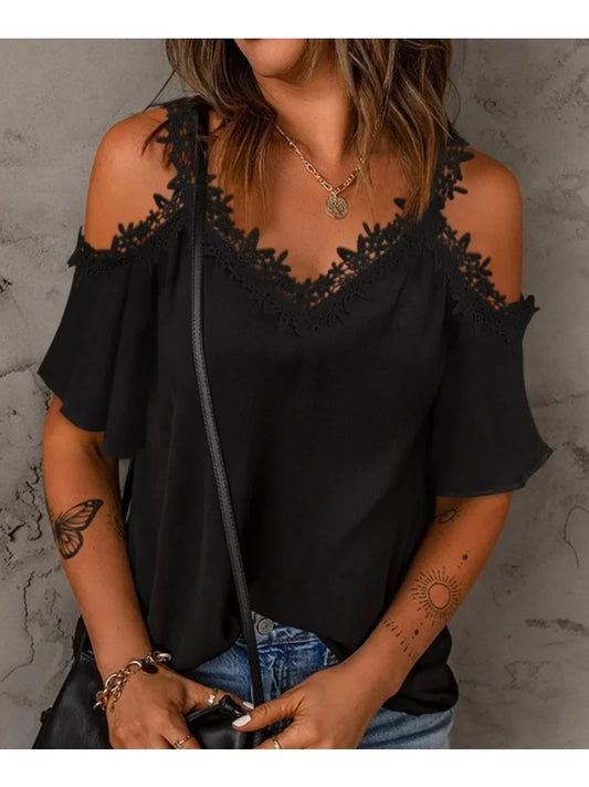 Women's Summer Solid Color Lace Short Sleeve Casual T-shirt Fashion V-neck Short Sleeve Off The Shoulder Sling T-shirt Black