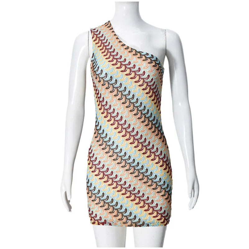 Rainbow Knitted Single Shoulder Mini Dress Women Sexy Sleeveless Waist Hugging Tight Short Dresses 2025 New Summer Party Vestido Badiee Stylez