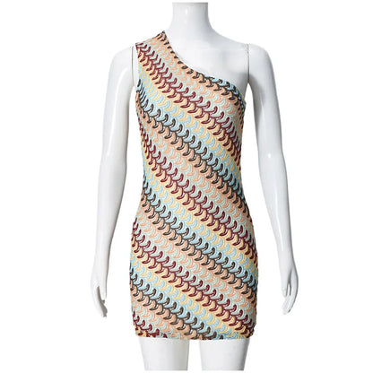 Rainbow Knitted Single Shoulder Mini Dress Women Sexy Sleeveless Waist Hugging Tight Short Dresses 2025 New Summer Party Vestido Badiee Stylez