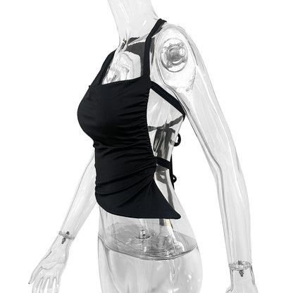 Sexy One Shoulder Off the Shoulder the Back Small Top 2024 Summer Solid Color Irregular Lace up Short Top