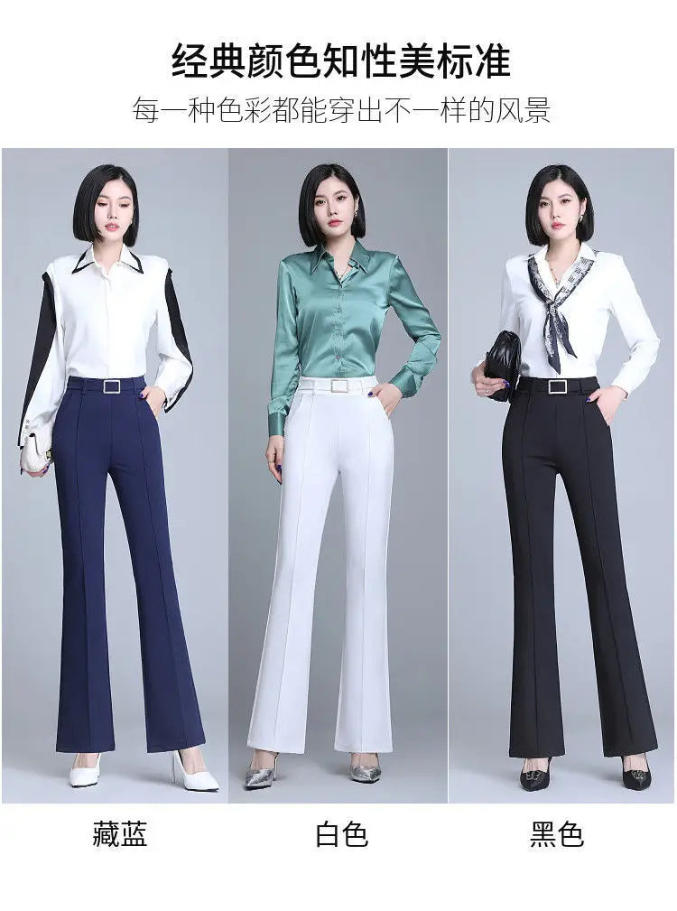 Office Lady Elegant Fashion Flare Pants Spring Autumn Diamonds High Waist All-match Solid Women Casual Straight Trousers 2022 Badiee Stylez