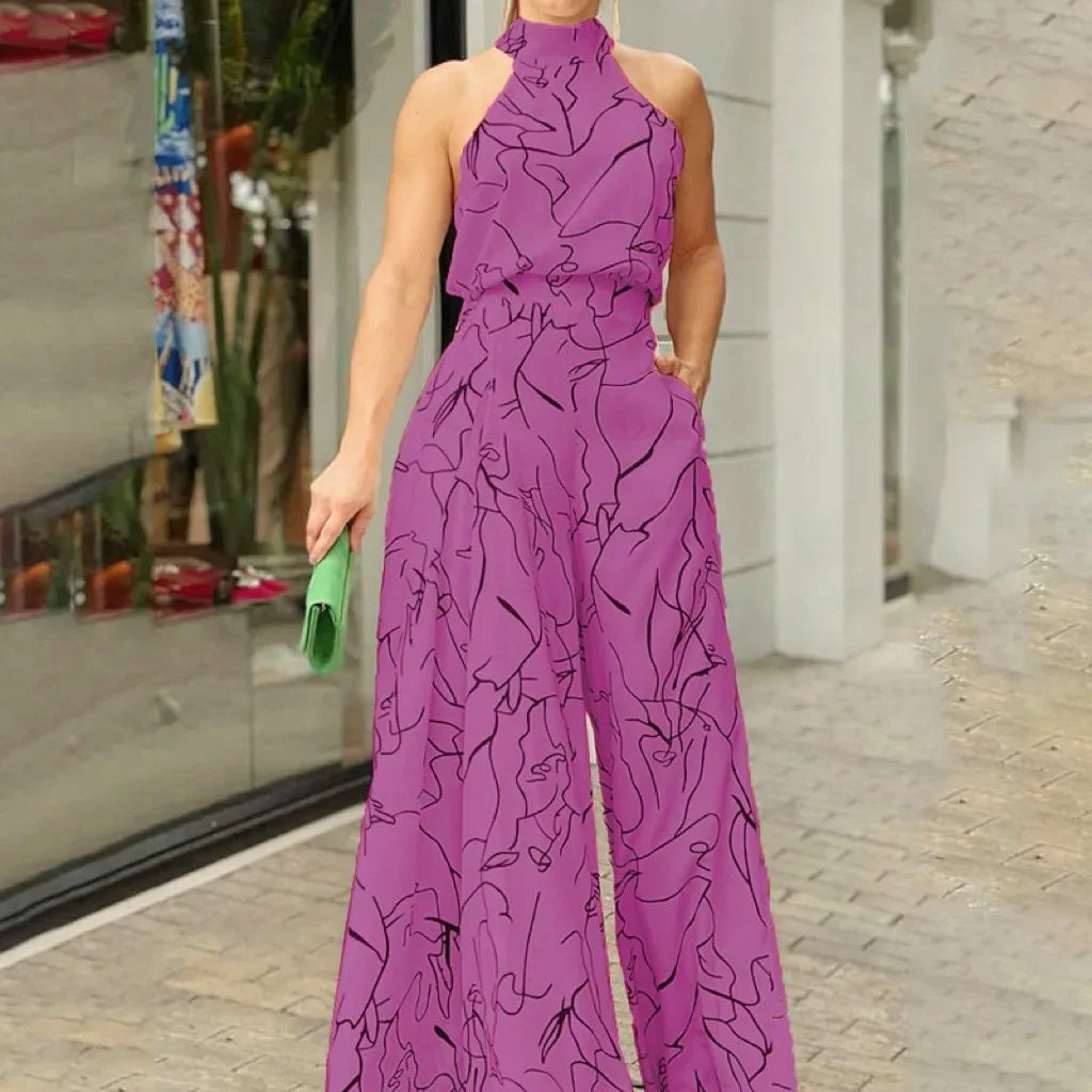 Women's Elegant Jumpsuits Wide Leg Long Pant Summer Sexy Sleeveless Jumpsuit Women 2023 Casual Print Macaque Feminine Clothes Purple