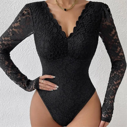 Slim Fit Bodysuit Elegant Lace Embroidered Bodysuit Deep V Neck Long Sleeve Playsuit Women's Slim Fit Spring Romper Lace