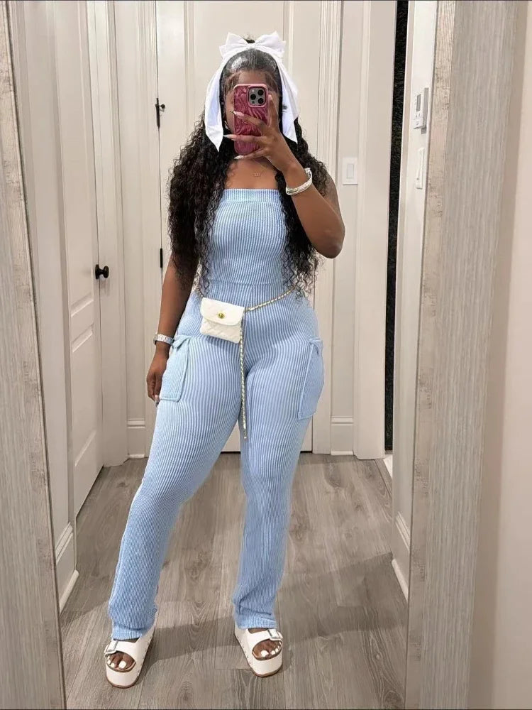 XIZOU Elegant Off Shoulder Strapless Knitted Pockets Girl Jumpsuits Women's Fitted Overalls Outfits Night One Piece Rompers