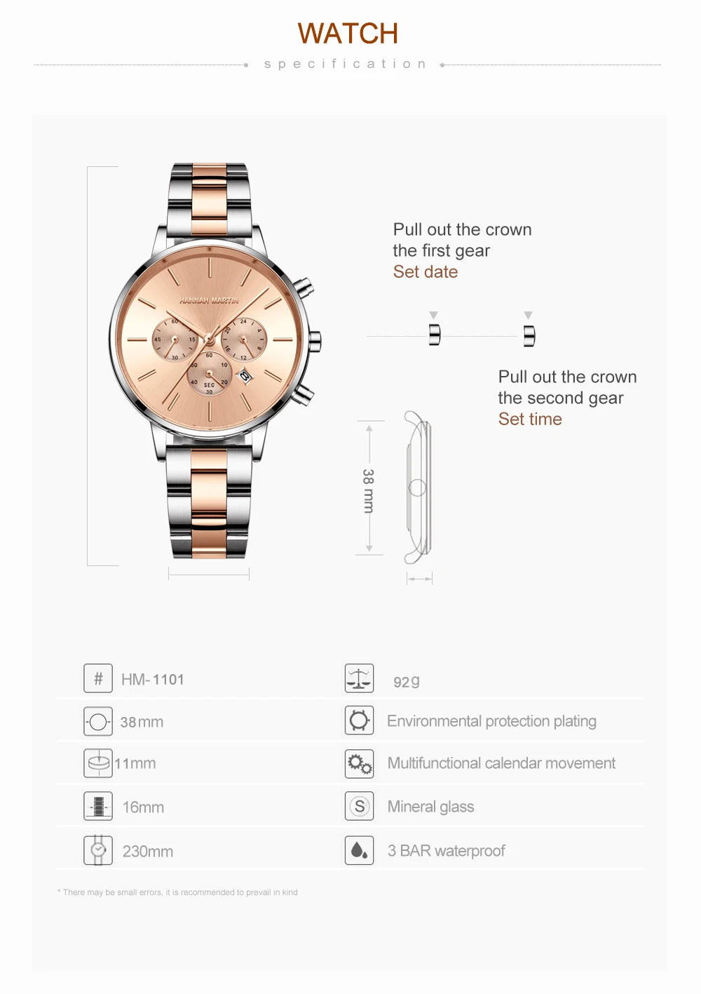 HANNAH MARTIN Brand Women Multifunctional Watch Original Stainless Steel Rose Gold 36mm Quartz Movement Casual Banquet Wristatch