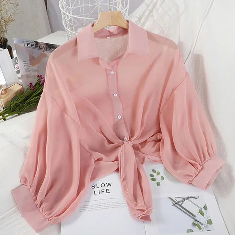 Casual Loose Hollow White Clothes Elegant Solid Color Tied Waist Blouse Women Summer Bat Half Sleeve Button Chiffon Shirt 9776 Pink