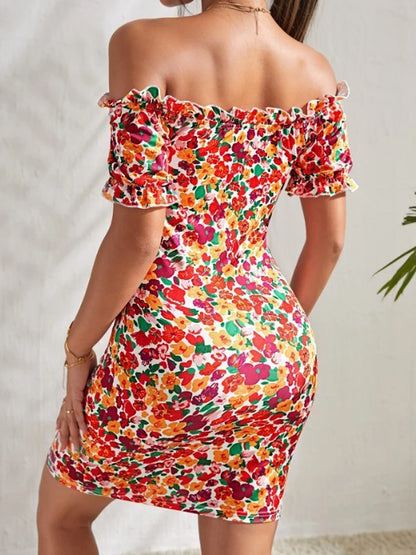 All-over flower print ruffled lace-up one-shoulder sexy high-elasticity slim-fitting dress mini skirt