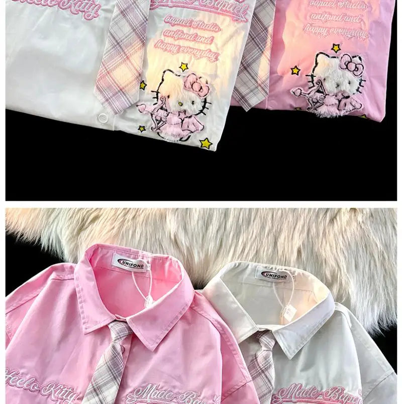 Hello Kitty Cute Short Sleeve Polo Shirts Women Sanrio Designer College Style Summer Blouse Korean Clothes Y2k New Fashion Tops