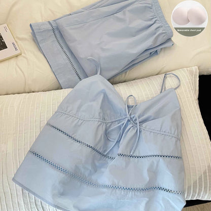 Women's Sexy Pajamas Set V-Neck Strap Suit Elegant Minimalist Faux Cotton Bow Sleeveless Top Long Pants Sleepwear Bra Pads Blue Only